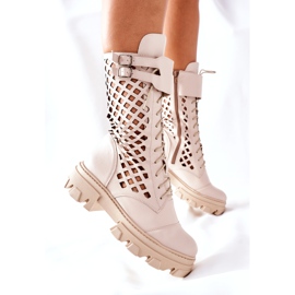 PA2 Stivali in pelle traforati da donna Trappers Beige Hootie 5