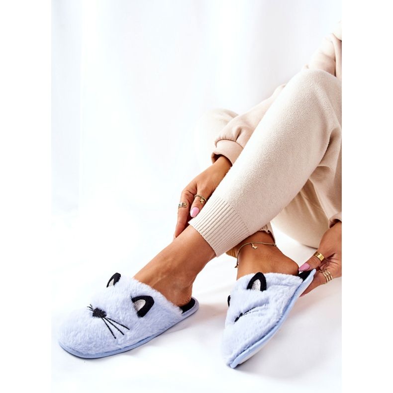 PE1 Pantofole morbide da gattino con orecchie distese blu 2