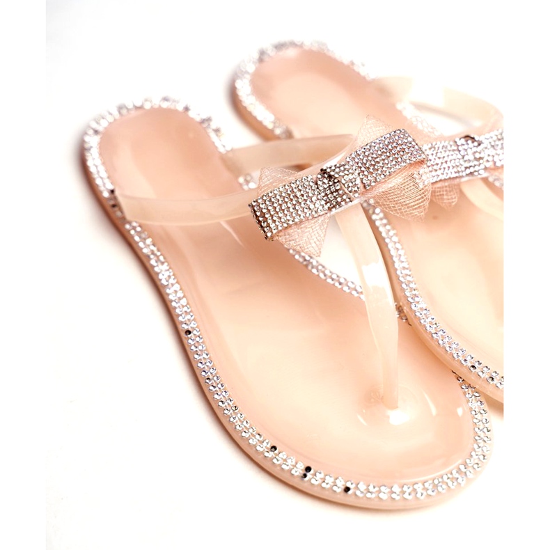 LU BOO Pantofole in gomma da donna Rosa nude Infradito Strass Lou beige argento 3