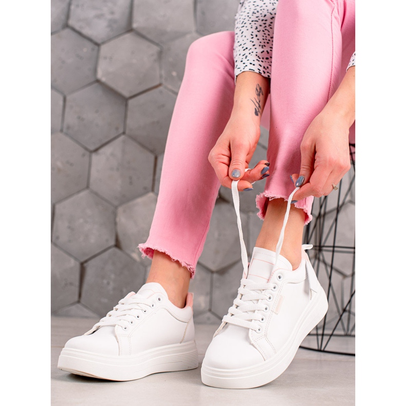 Ideal Shoes Sneakers in ecopelle bianche bianco rosa 1