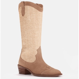 Marco Shoes Stivali da cowboy in una combinazione di pelle scamosciata e tessuto beige 1