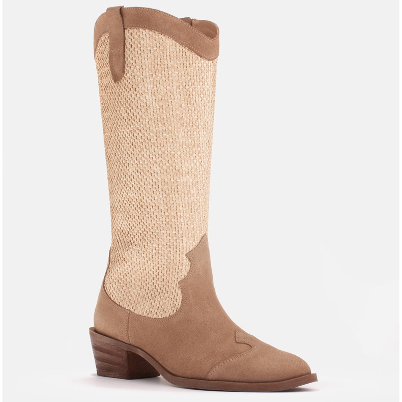 Marco Shoes Stivali da cowboy in una combinazione di pelle scamosciata e tessuto beige 1