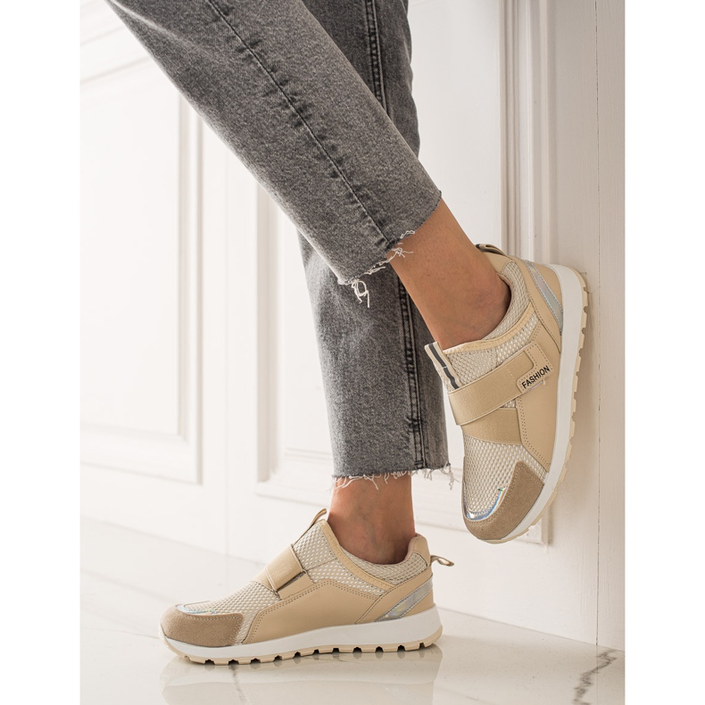 TRENDI Sneakers alla moda in velcro beige marrone 1