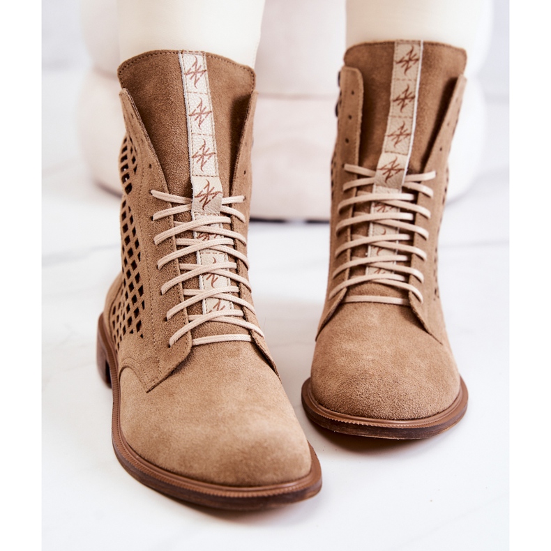 Stivaletti in pelle traforati legati Nicole Camel 2696 marrone 1
