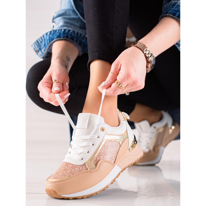 TRENDI Eleganti scarpe da ginnastica allacciate beige bianco marrone d'oro 1