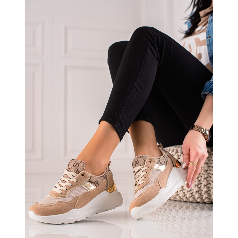 TRENDI Scarpe da ginnastica alla moda beige marrone d'oro 1