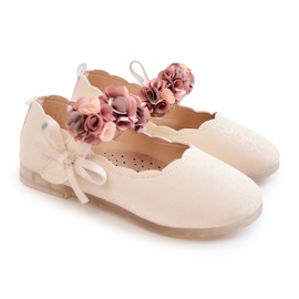 Vinceza Ballerine per bambini con fiori in velcro Caitlin beige chiaro 1