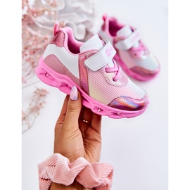 PE1 Scarpe sportive in pelle per bambini con passanti bianchi e rosa bianca 1
