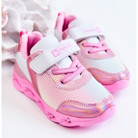 PE1 Scarpe sportive in pelle per bambini con passanti bianchi e rosa bianca 2