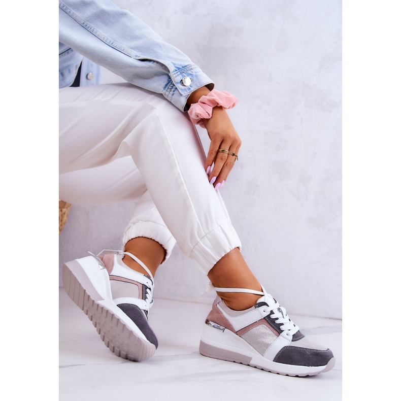 S.Barski Scarpe Sportive in Pelle Sneakers Zeppa Argento-Grigio Elissa rosa 2