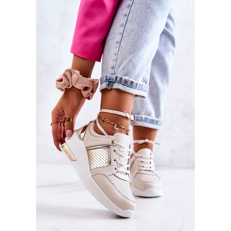S.Barski Scarpe sportive in pelle da donna su zeppa Larson beige e bianco d'oro 1