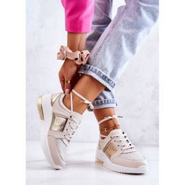 S.Barski Scarpe sportive in pelle da donna su zeppa Larson beige e bianco d'oro 2