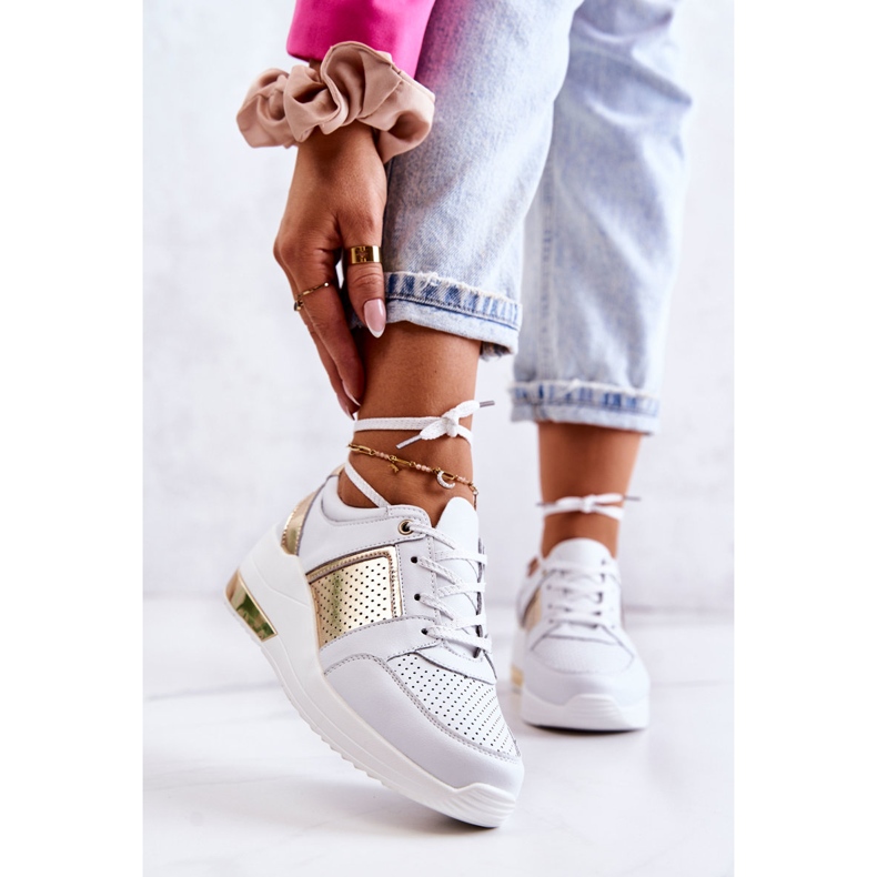 S.Barski Scarpe Sportive In Pelle Da Donna Su Un Larson Bianco Con Zeppa d'oro 1