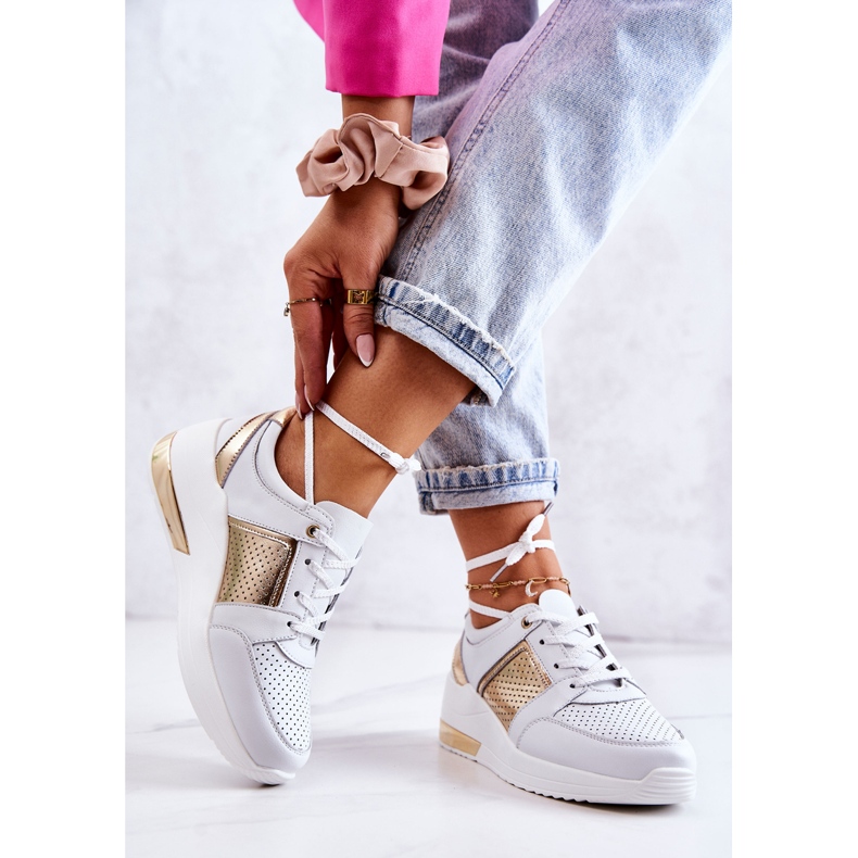 S.Barski Scarpe Sportive In Pelle Da Donna Su Un Larson Bianco Con Zeppa bianca d'oro 2