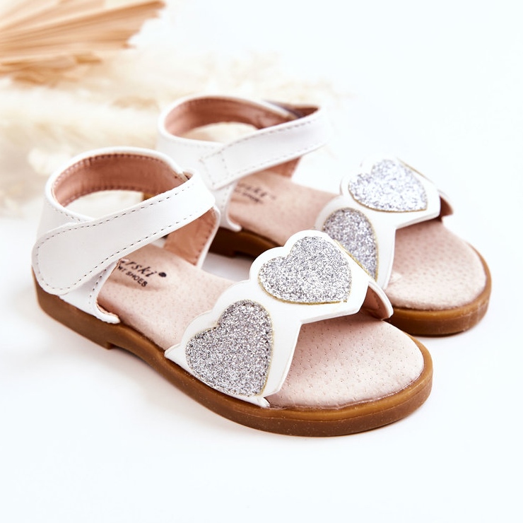 S.Barski Sandali Bambini in Pelle Broccato Cuori Bianchi Luisa bianca 1