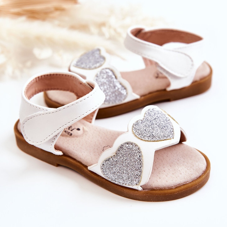S.Barski Sandali Bambini in Pelle Broccato Cuori Bianchi Luisa bianco 2
