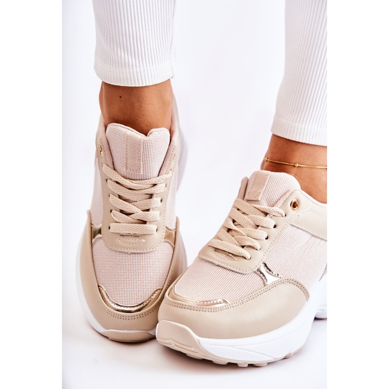 PG1 Scarpe sportive da donna con zeppa lucida attività beige d'oro 1