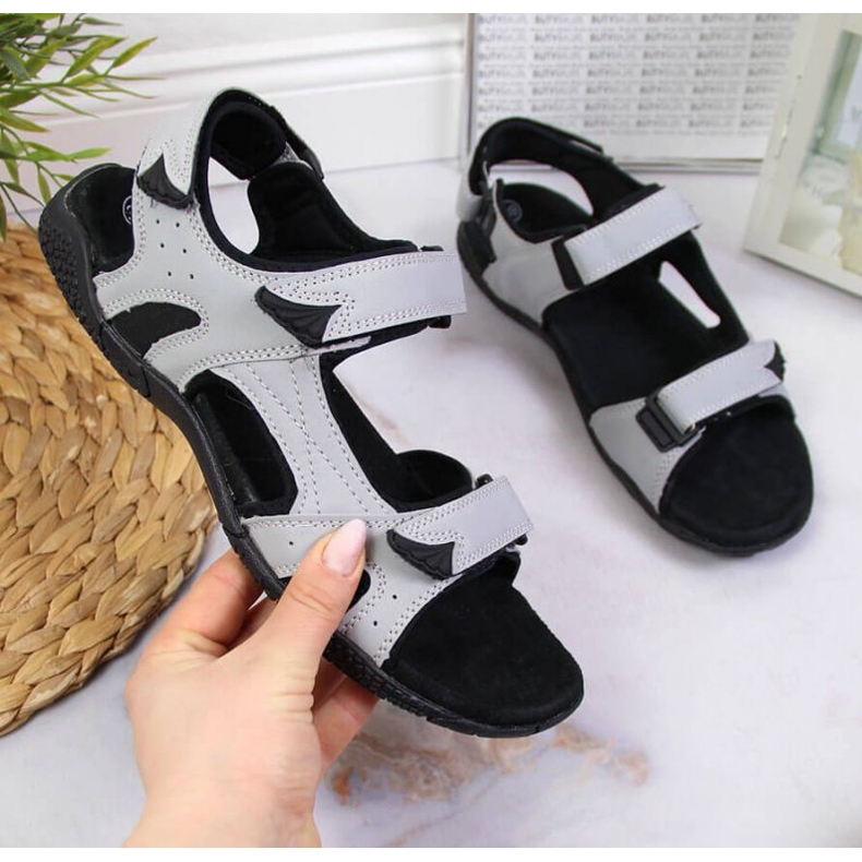 Sandali sportivi grigi con velcro W American Club nero 1