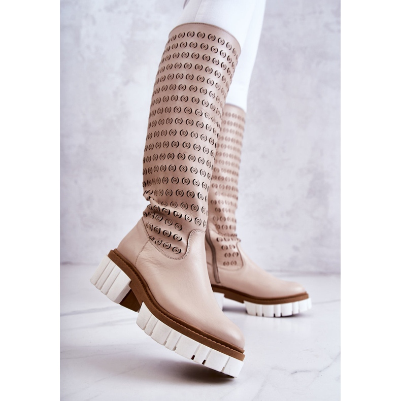 Stivali in pelle traforati con cerniera Lativia beige 2