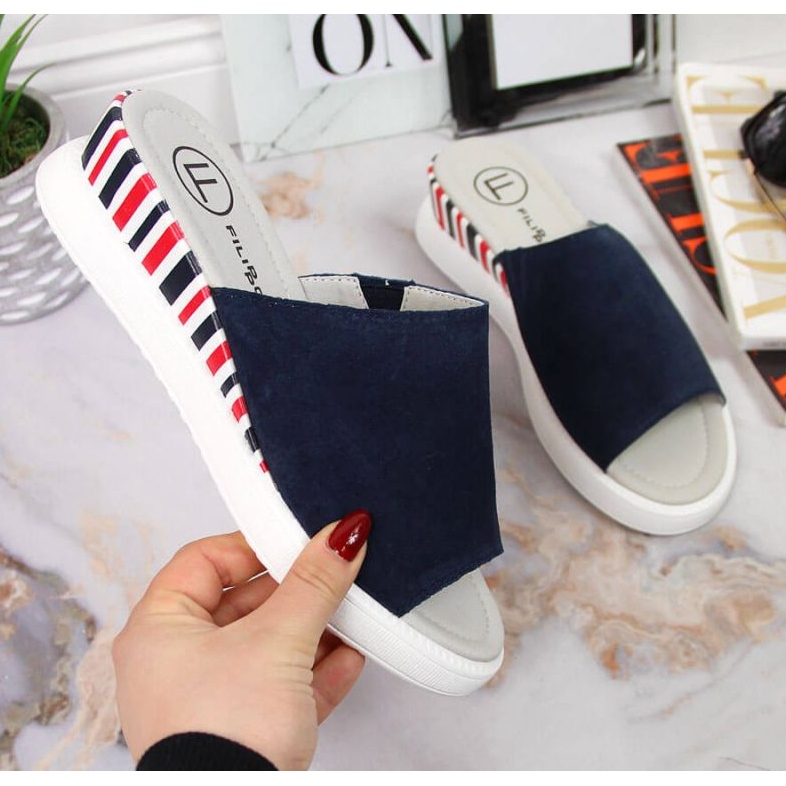 Ciabatte in pelle sulla zeppa Filippo W PAW359 blu navy 1