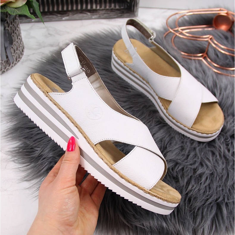 Sandali da donna in pelle su zeppa bianca Rieker V0271 bianco 2