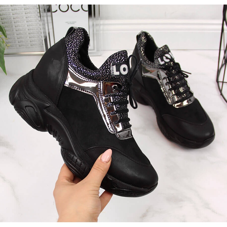 Sneakers da donna su zeppa nascosta nera Navy Dot nero 2