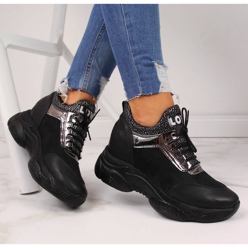 Sneakers da donna su zeppa nascosta nera Navy Dot nero 1
