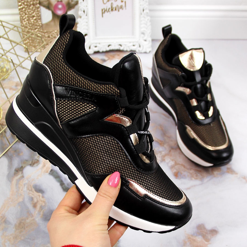 Sneakers da donna nere con zeppa Vinceza nero d'oro 2