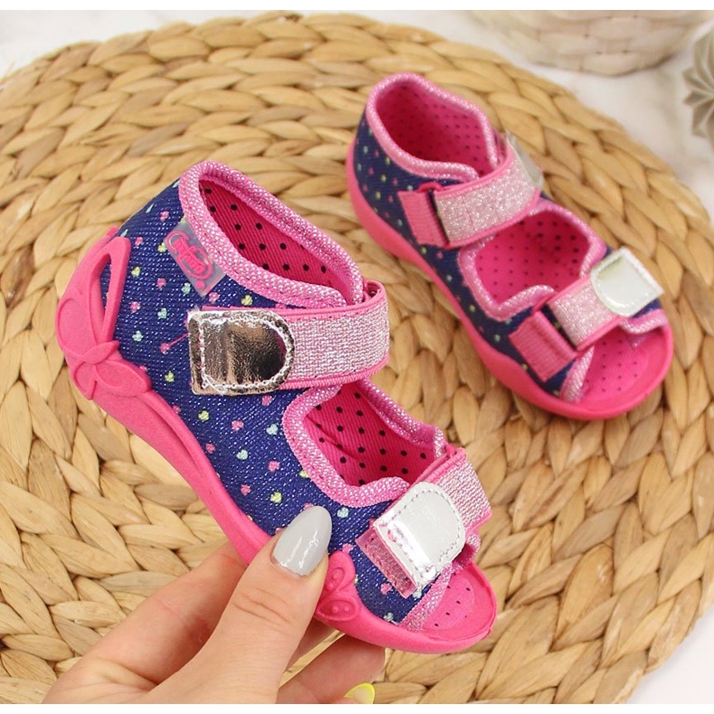 Ciabatte da bambina per la scuola materna su rape Befado blu navy rosa 1