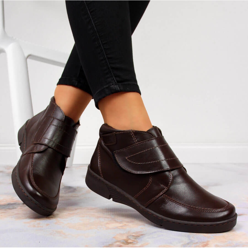 Stivali da donna in pelle marrone con velcro, marrone Łukbut 676 1