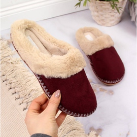 Ciabatte da donna marrone Cloxx home con pelliccia rosso 2