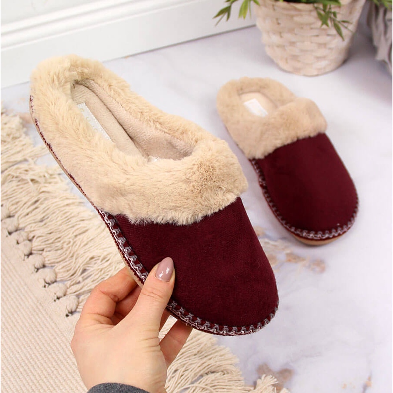 Ciabatte da donna marrone Cloxx home con pelliccia rosso 2