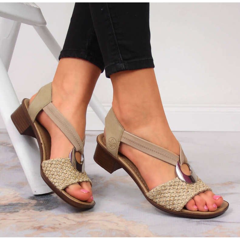 Sandali da donna beige con tacco alto Rieker 62664-61 1