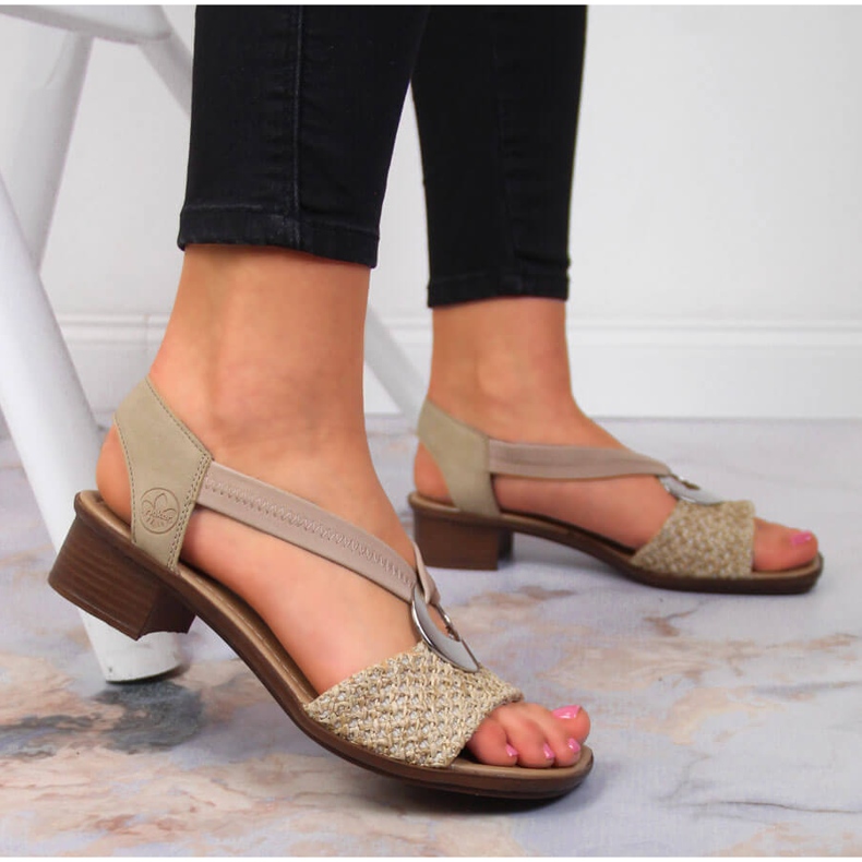 Sandali da donna beige con tacco alto Rieker 62664-61 2
