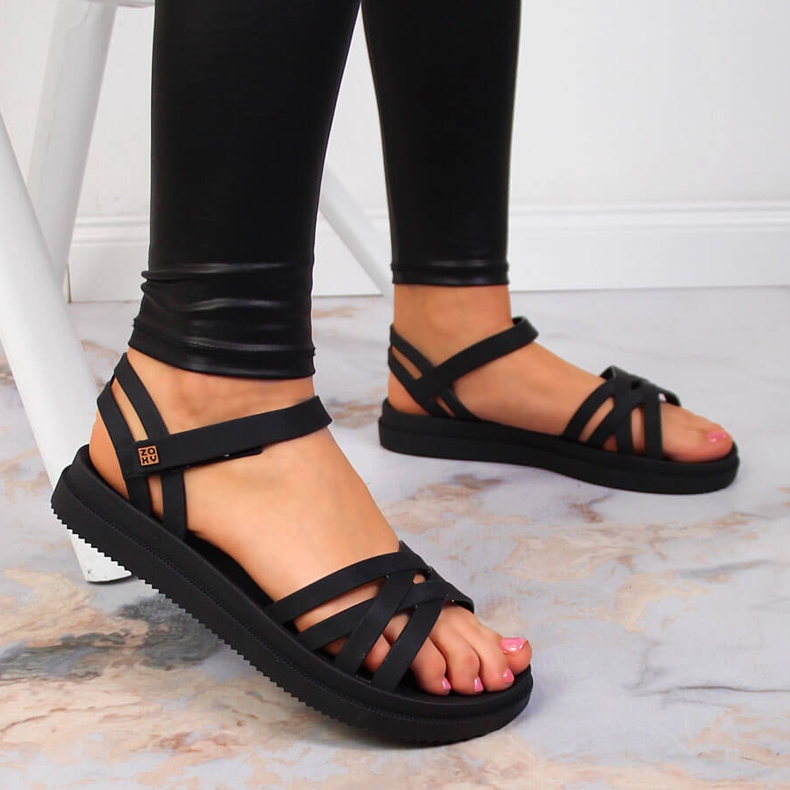 Sandali neri da donna in gomma con velcro Zaxy JJ285068 nero 2