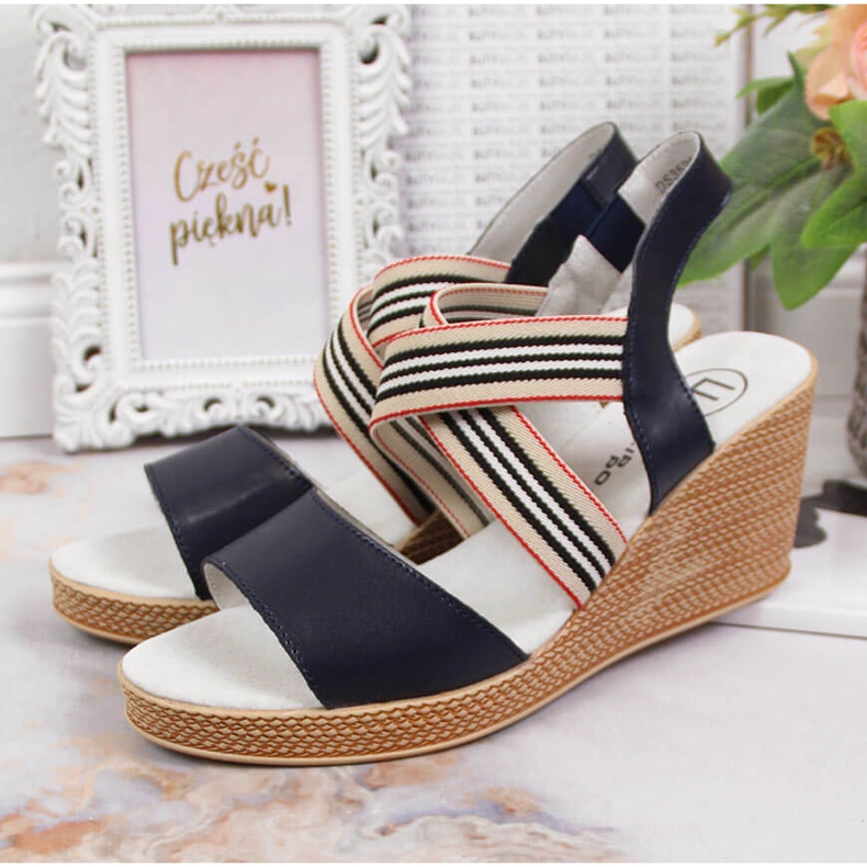 Sandali da donna in pelle su zeppa blu navy Filippo 2