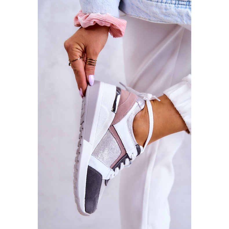 S.Barski Scarpe Sportive in Pelle Sneakers Zeppa Argento-Grigio Elissa bianco rosa 3