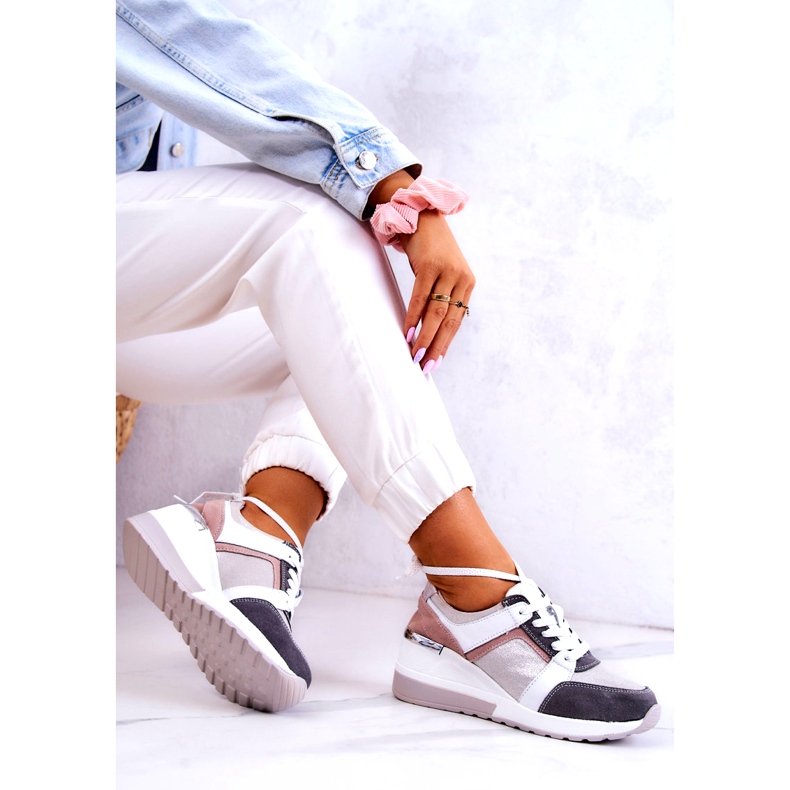 S.Barski Scarpe Sportive in Pelle Sneakers Zeppa Argento-Grigio Elissa bianco rosa 1