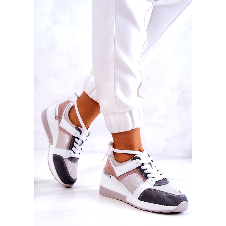 S.Barski Scarpe Sportive in Pelle Sneakers Zeppa Argento-Grigio Elissa bianco rosa 4