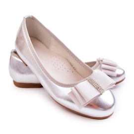S.Barski Ballerine per bambini in pelle con fiocco decorativo in argento Claril 1