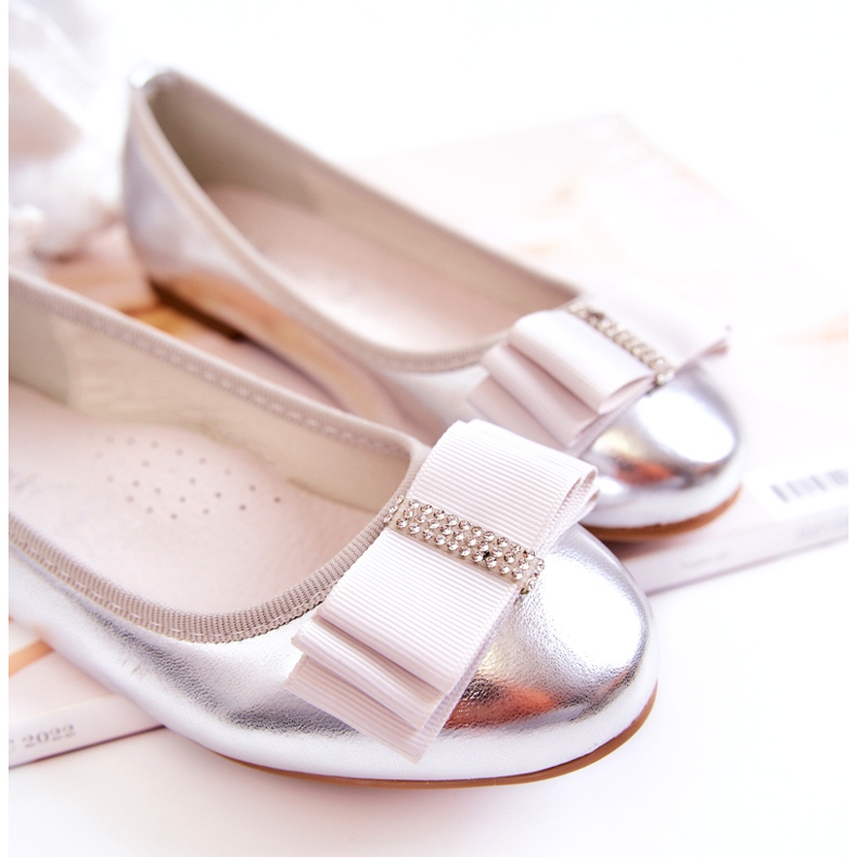 S.Barski Ballerine per bambini in pelle con fiocco decorativo in argento Claril d'argento 2