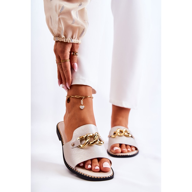 S.Barski Pantofole alla moda con una catena su un tacco piatto finezza dorata d'oro 1