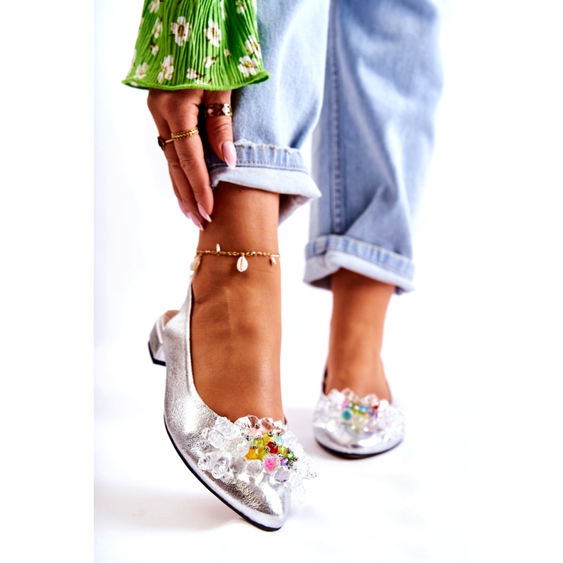 PA2 Ballerine In Pelle Su Tacchi Alti Con Decorazione Elena Argento d'argento 1