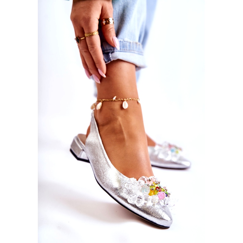 PA2 Ballerine In Pelle Su Tacchi Alti Con Decorazione Elena Argento d'argento 2