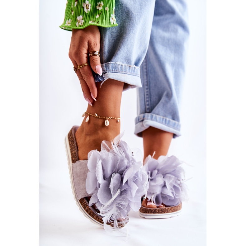 PS1 Ciabatte da donna in pelle scamosciata con fiore decorativo Alimos grigie grigio 1