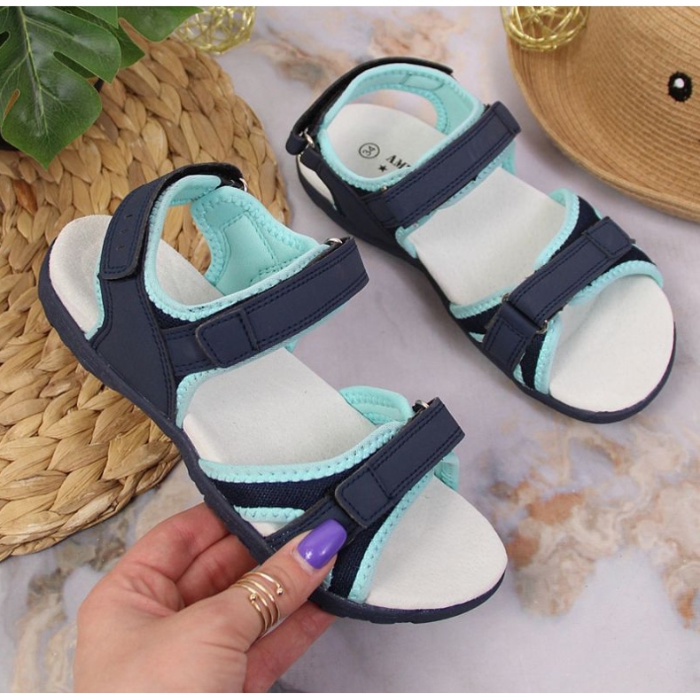 Sandali con velcro American Club Jr AM898B blu navy-menta 1