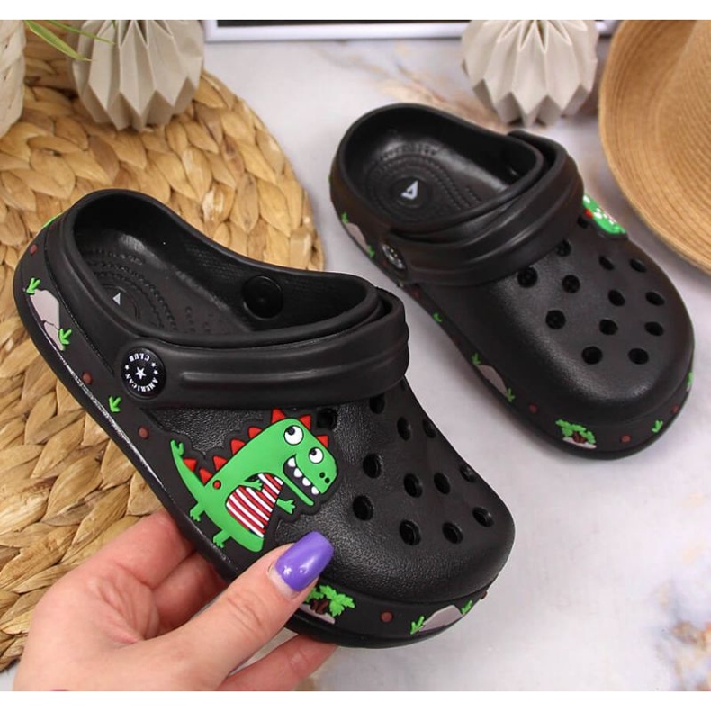 Ciabattine nere American Club Jr.AM900A con dinosauro nero 1