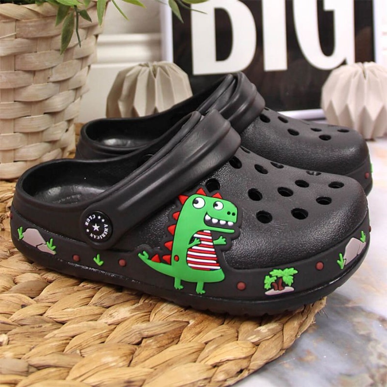 Ciabattine nere American Club Jr.AM900A con dinosauro nero 2