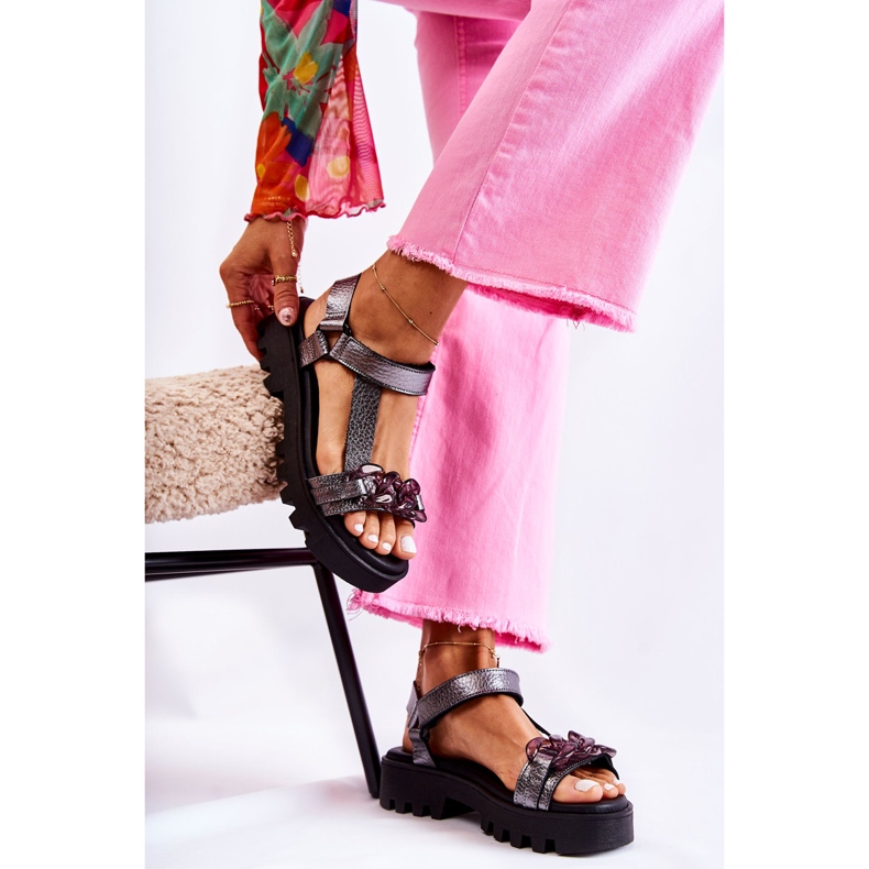 Sandali In Pelle Con Velcro Maciejka L5009-41 Argento Scuro 1