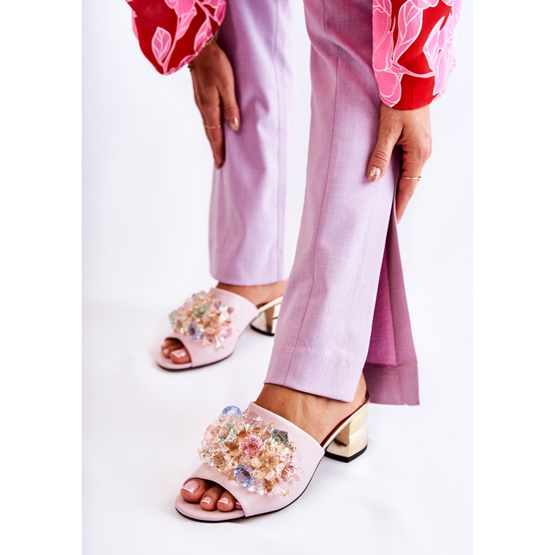 PA2 Pantofole Da Donna In Pelle Con Tacchi Alti Con Decorazione Calinda Rosa 1